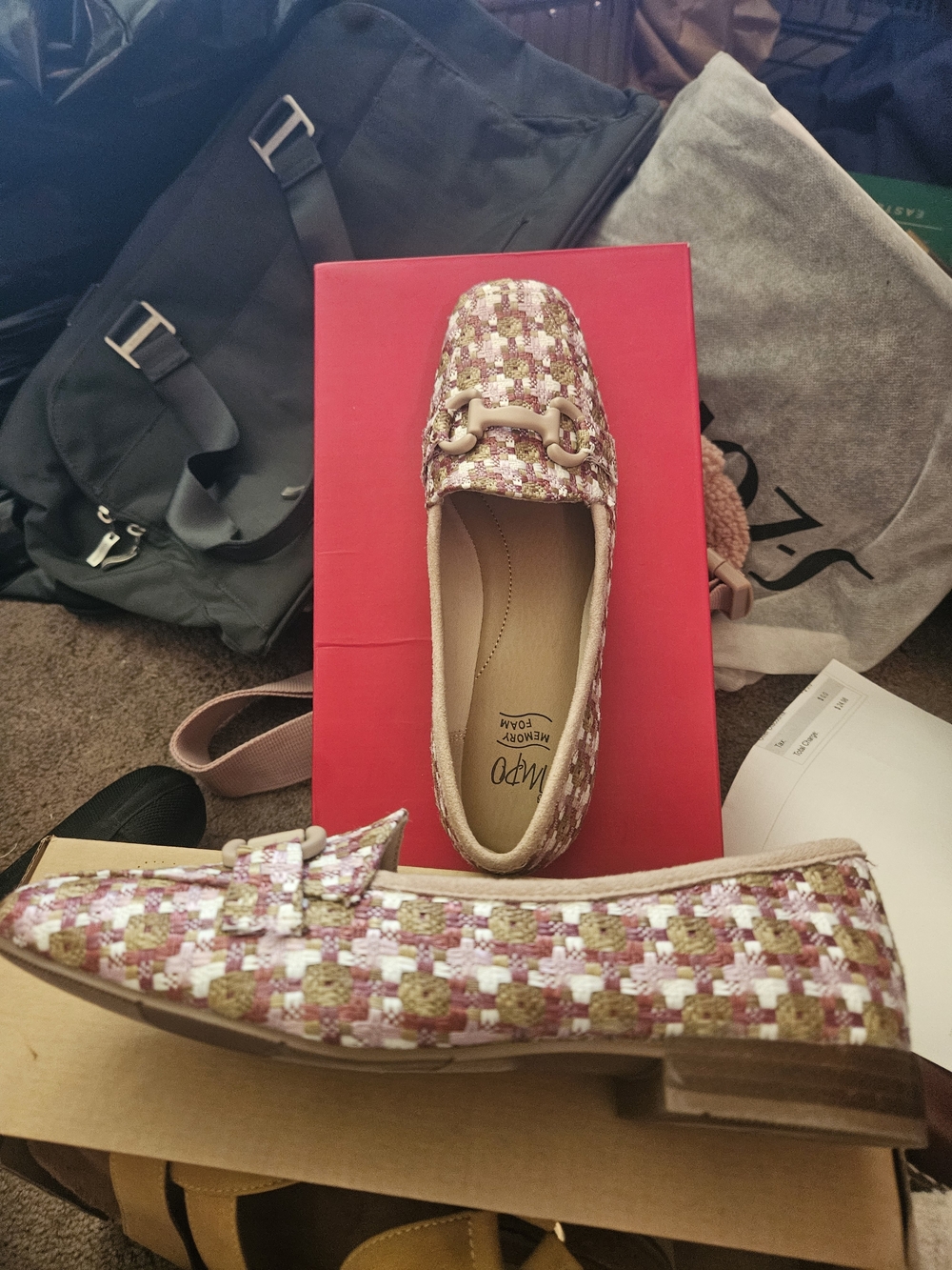 WSP Tweed Floral Pink Loafers with Chain Accent